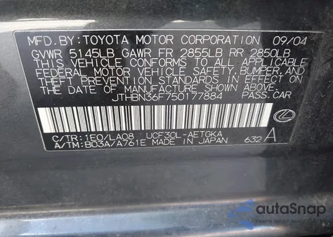 2005 Lexus Ls 430 from USA, damaged, VIN JTHBN36F750177884